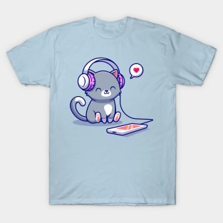 Cute Cat Listening Music With Headphone Cartoon T-Shirt